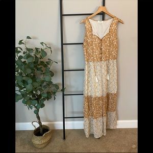 Button Down Floral Colorblock Tiered Jumpsuit